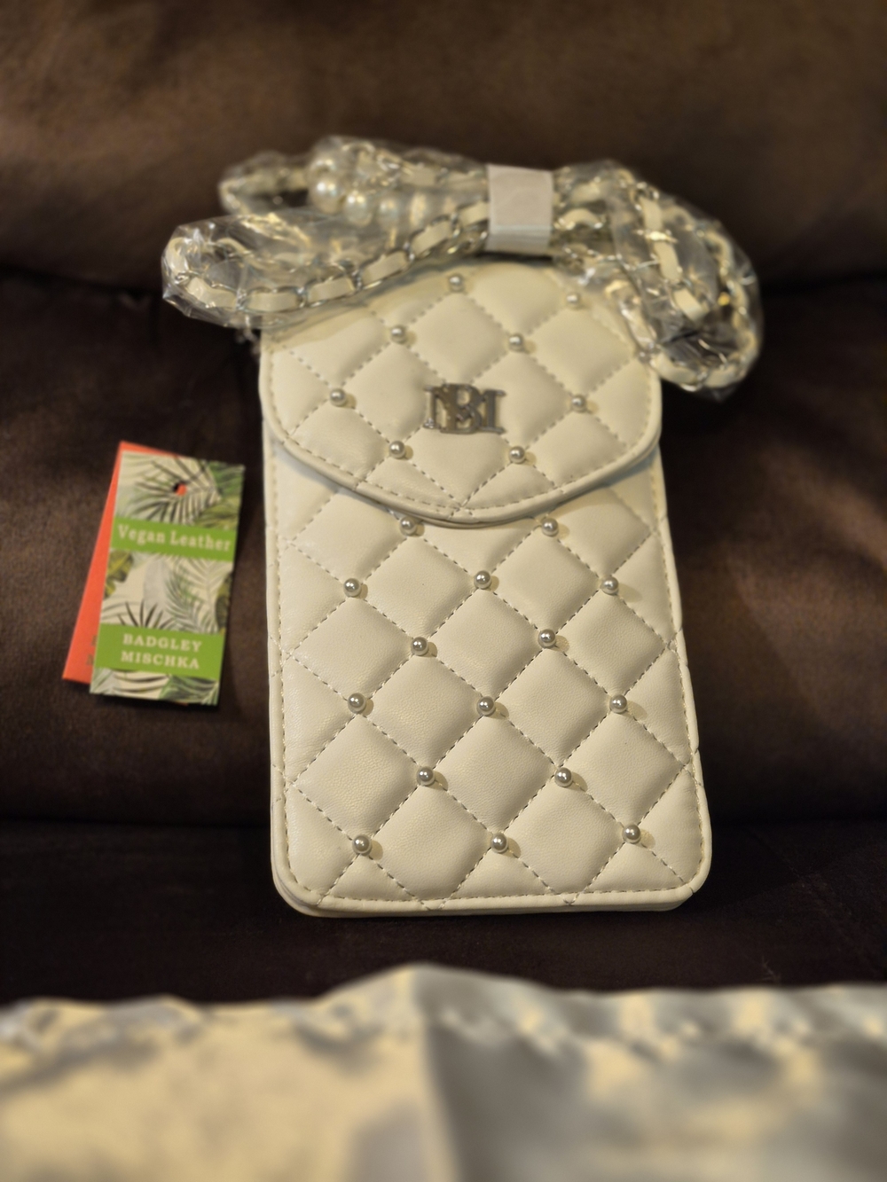 Badgley Mischka Quilted White Pearl-Accent Phone  And Credit Card Crossbody In